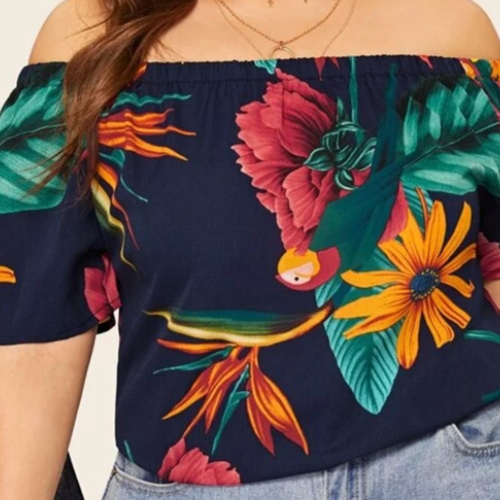 SHEIN | Plus Leaf Print Knot Cuff Blouse